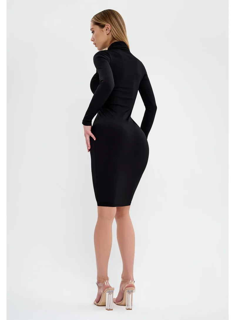 Bona Fide Bona Fide Women's Long Sleeve Black Bodycon Dress – High Neck Knee-Length Everyday Elegant Fit