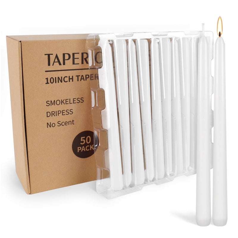 Grcdoyvl 50 Pack White Taper Candles - 10 Inch Classic Unscented Dinner Candles, Dripless Pure White Paraffin Wax with Cotton Wicks, 8-Hour Burn Time for Wedding, Christmas & Formal Dining Decor - Image 2