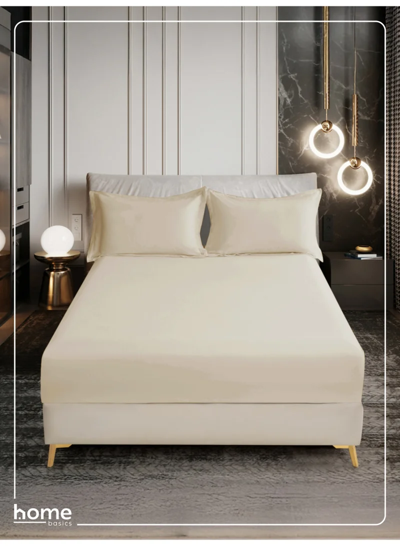 Donetella Bedding Fitted Sheet 3-Pcs King Size Solid Bed Sheet Set Fits(180x200CM) With Pillowcases And 35 CM Extra Deep Brushed Microfiber Bed Sheet,Beige