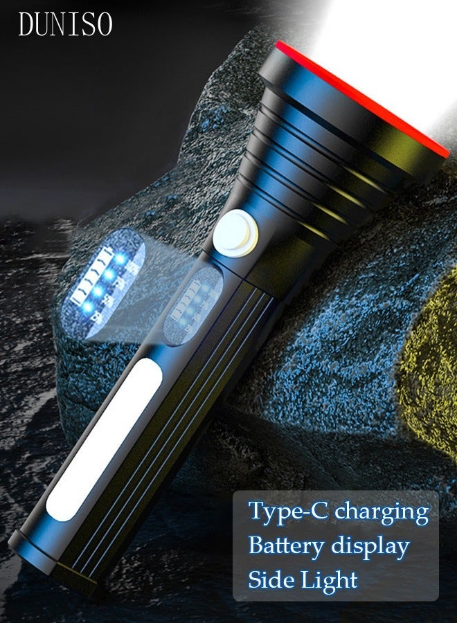 DUNISO Rechargeable LED Flashlights Alloy with Side Light Digital Display Handheld Flashlight with Zoomable 4 Modes Super Bright Flashlights for Emergencies Camping Hiking - Image 1