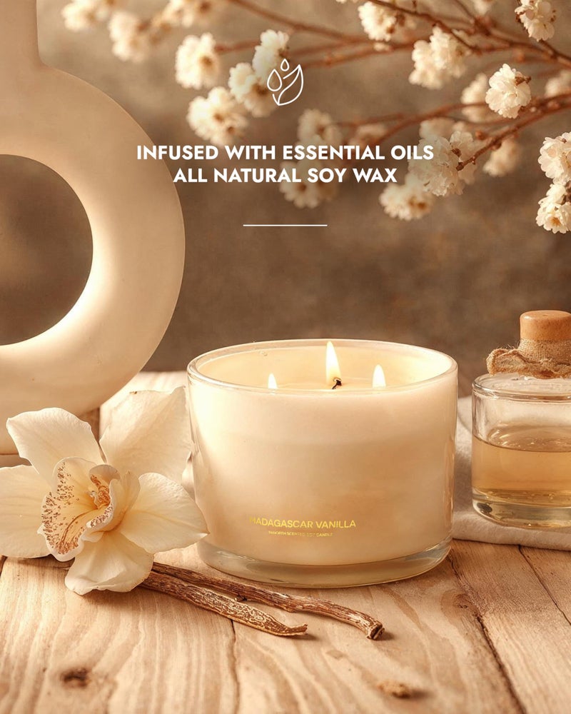 96NORTH Luxury Vanilla Soy Candles | Large 3 Wick Jar Candle | Up to 50 Hours Burning Time | 100% Natural Soy Wax | Relaxing Aromatherapy Aesthetic Candle | Housewarming Gift for Men and Women - Image 2