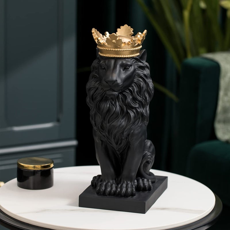 LC LCdecohome Lion Statue Outdoor Collectible Figurines - 15 Inch Gold Crown Black Standing Lion Home Decor for Desk Decorations for Home Gift for Man Lion Statues 8.5 * 5.5 * 15 Inch - Image 2