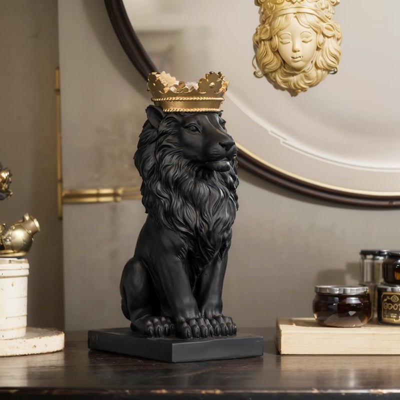 LC LCdecohome Lion Statue Outdoor Collectible Figurines - 15 Inch Gold Crown Black Standing Lion Home Decor for Desk Decorations for Home Gift for Man Lion Statues 8.5 * 5.5 * 15 Inch - Image 5