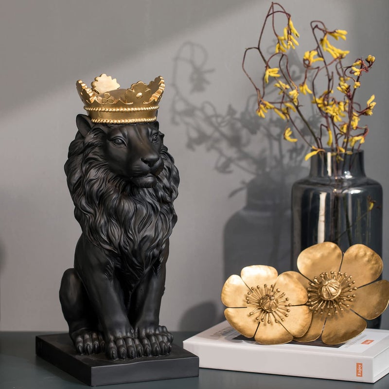 LC LCdecohome Lion Statue Outdoor Collectible Figurines - 15 Inch Gold Crown Black Standing Lion Home Decor for Desk Decorations for Home Gift for Man Lion Statues 8.5 * 5.5 * 15 Inch - Image 3