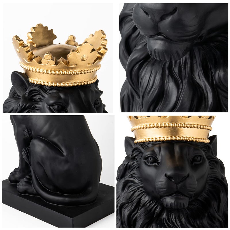 LC LCdecohome Lion Statue Outdoor Collectible Figurines - 15 Inch Gold Crown Black Standing Lion Home Decor for Desk Decorations for Home Gift for Man Lion Statues 8.5 * 5.5 * 15 Inch - Image 4