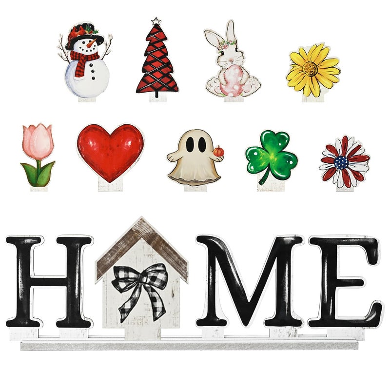 Sm:)e Smile Interchangeable Home Table Signs Spring Easter Tulips Bunny with 10 Pcs Seasonal Icons Wooden Sign Decor HOME Letter Sign Ornaments Set Decorative Shelf Blocks - Image 2