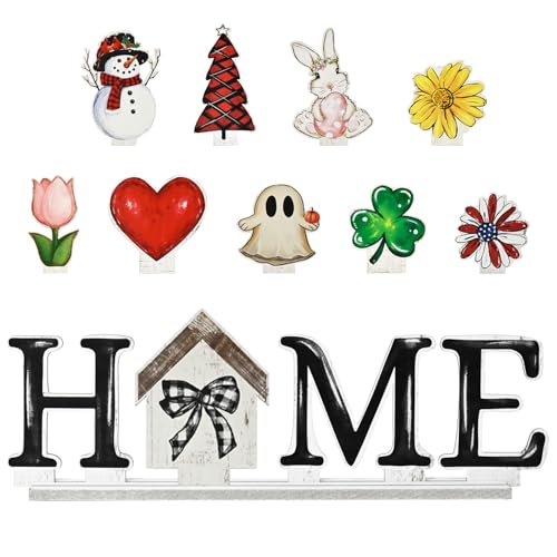 Sm:)e Smile Interchangeable Home Table Signs Spring Easter Tulips Bunny with 10 Pcs Seasonal Icons Wooden Sign Decor HOME Letter Sign Ornaments Set Decorative Shelf Blocks - Image 1