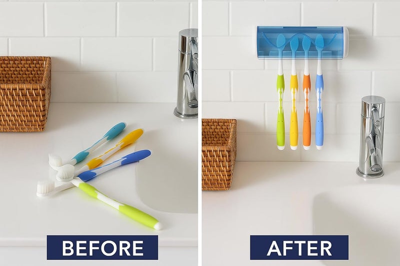 Foreignholics Self-Adhesive Plastic Toothbrush Holder with Cover for Bathroom, 5-Slot Wall Mounted Toothbrush Organizer (Multicolour, Pack of 2) - Image 2