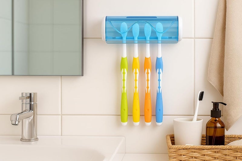 Foreignholics Self-Adhesive Plastic Toothbrush Holder with Cover for Bathroom, 5-Slot Wall Mounted Toothbrush Organizer (Multicolour, Pack of 2) - Image 5