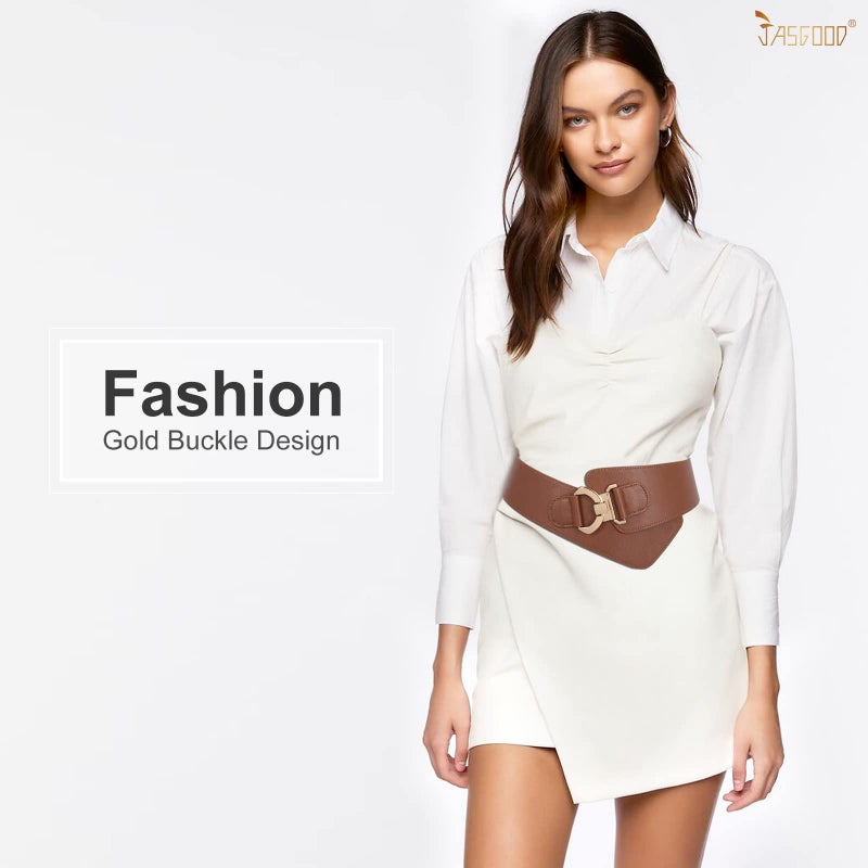 JASGOOD Women's Fashion Vintage Wide Elastic Stretch Waist Belt with Gold Interlock Buckle Halloween Belt (Brown,Suit Waist 36-42 Inch) - Image 2