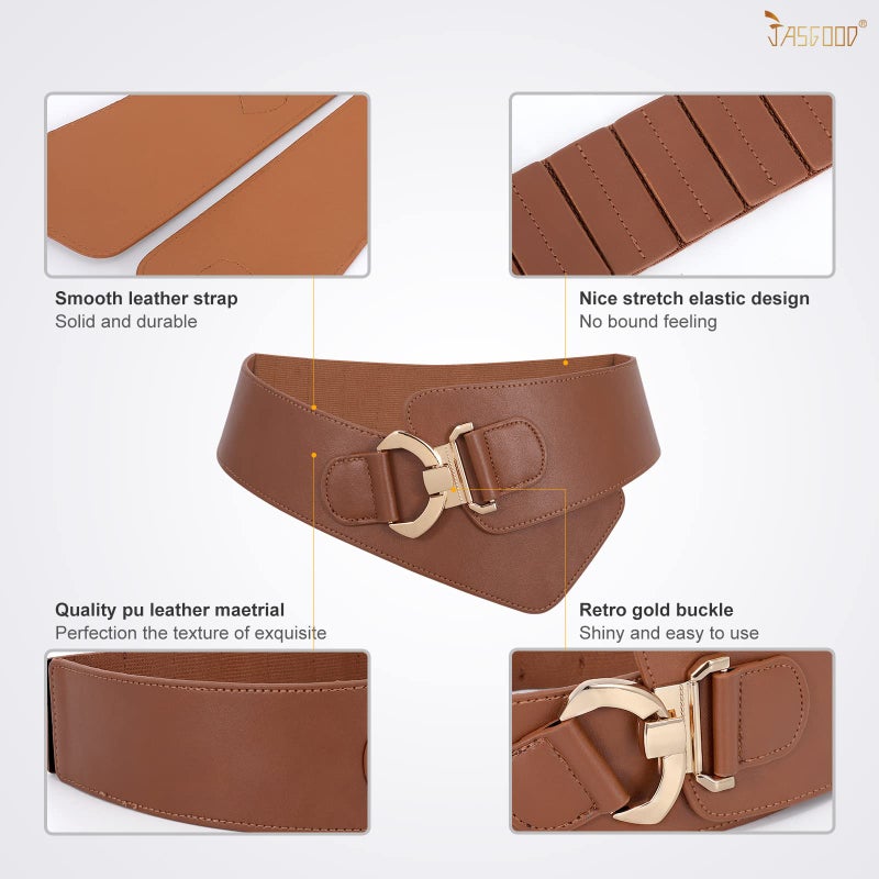 JASGOOD Women's Fashion Vintage Wide Elastic Stretch Waist Belt with Gold Interlock Buckle Halloween Belt (Brown,Suit Waist 36-42 Inch) - Image 3