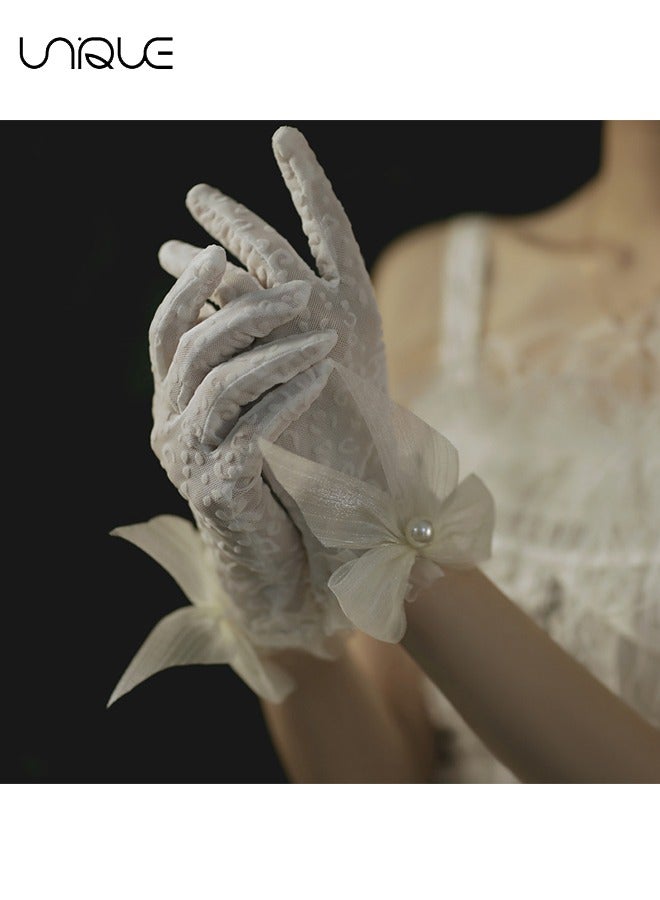 Unique Lace Gloves, White Pearl Bow Knot Dress Accessories Full Finger Gloves for Wedding Banquet Prom Bride Ladies Girls (White)  - Image 1