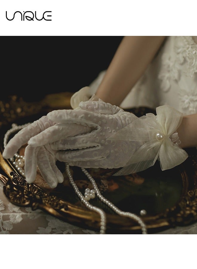 Unique Lace Gloves, White Pearl Bow Knot Dress Accessories Full Finger Gloves for Wedding Banquet Prom Bride Ladies Girls (White)  - Image 3