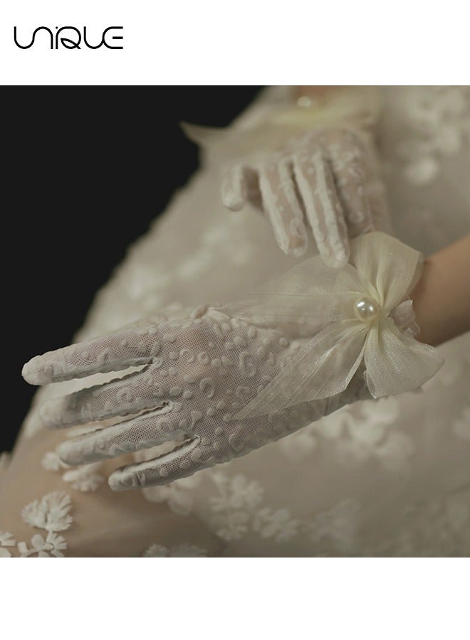 Unique Lace Gloves, White Pearl Bow Knot Dress Accessories Full Finger Gloves for Wedding Banquet Prom Bride Ladies Girls (White)  - Image 2