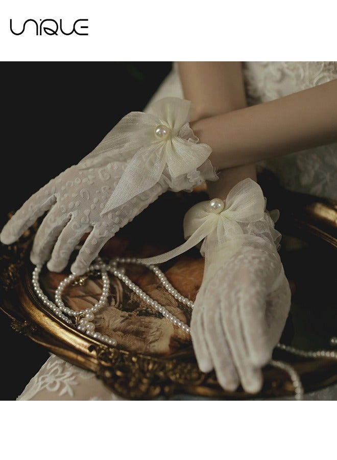 Unique Lace Gloves, White Pearl Bow Knot Dress Accessories Full Finger Gloves for Wedding Banquet Prom Bride Ladies Girls (White)  - Image 4