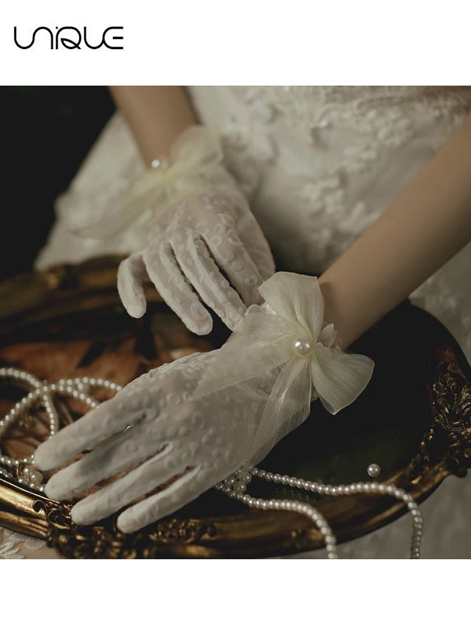 Unique Lace Gloves, White Pearl Bow Knot Dress Accessories Full Finger Gloves for Wedding Banquet Prom Bride Ladies Girls (White)  - Image 5