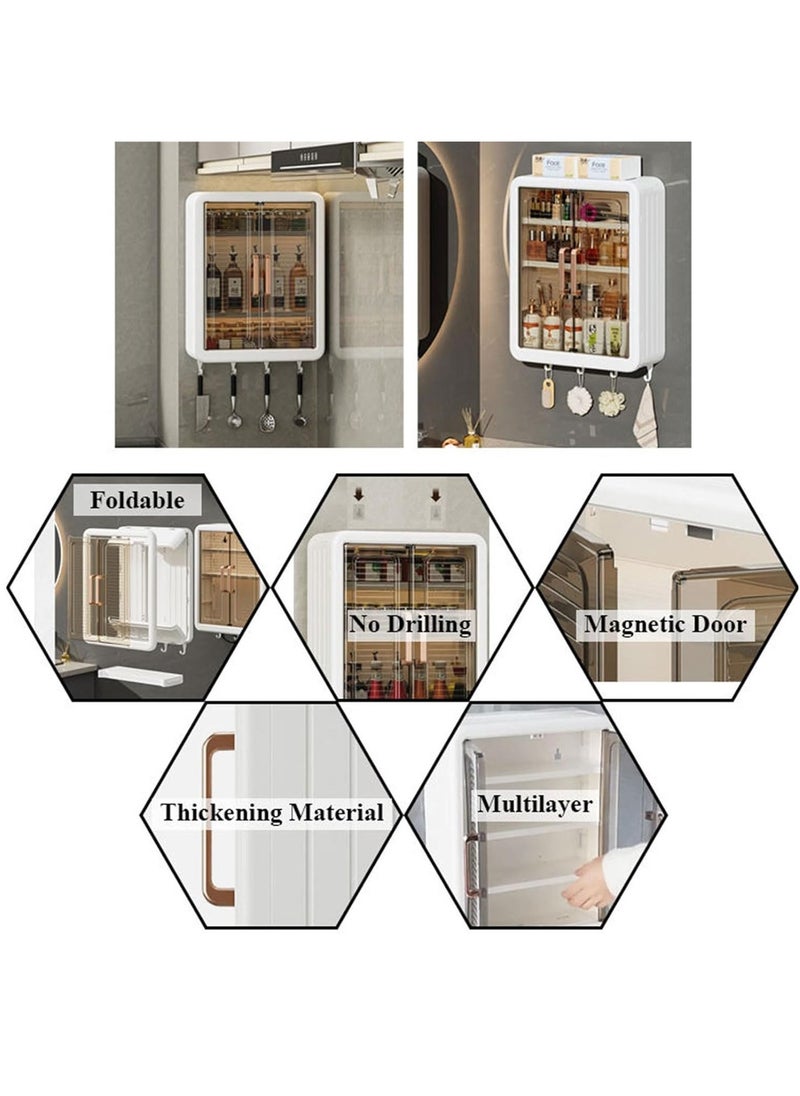 Hihonor خزانة أدوية الحمام مثبتة على الحائط، رف تخزين ذو بابين فوق المرحاض، منظم تخزين مكياج قابل للطي، خزانة تخزين مطبخ، خزانة تخزين حائطية مع خطافات - Image 4