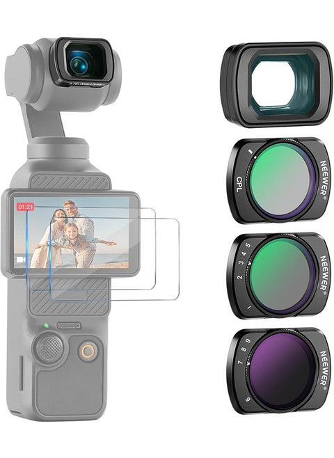 NEEWER Variable ND Filter Set Compatible with DJI Osmo Pocket 3 Creator Combo Accessories with 180° 0.75X Wide Angle Lens & Screen Protectors, Variable ND2-32 + ND64-512 + CPL Filter, FL-B15