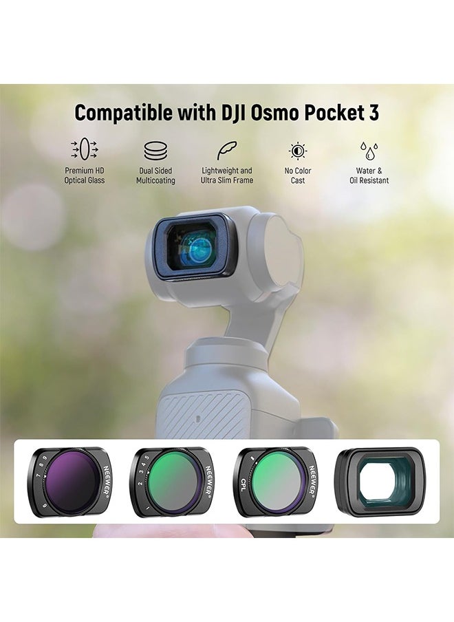 NEEWER Variable ND Filter Set Compatible with DJI Osmo Pocket 3 Creator Combo Accessories with 180° 0.75X Wide Angle Lens & Screen Protectors, Variable ND2-32 + ND64-512 + CPL Filter, FL-B15