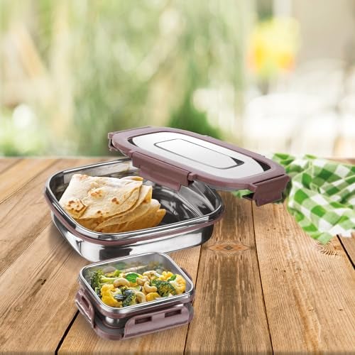 Joyo Stainless Steel Daily (Small) Tiffin I Lunch Box Container 4 Side Clip Lock Lid for Office & School Use I Food Grade I Air Tight - Brown, 590 ml - Image 2