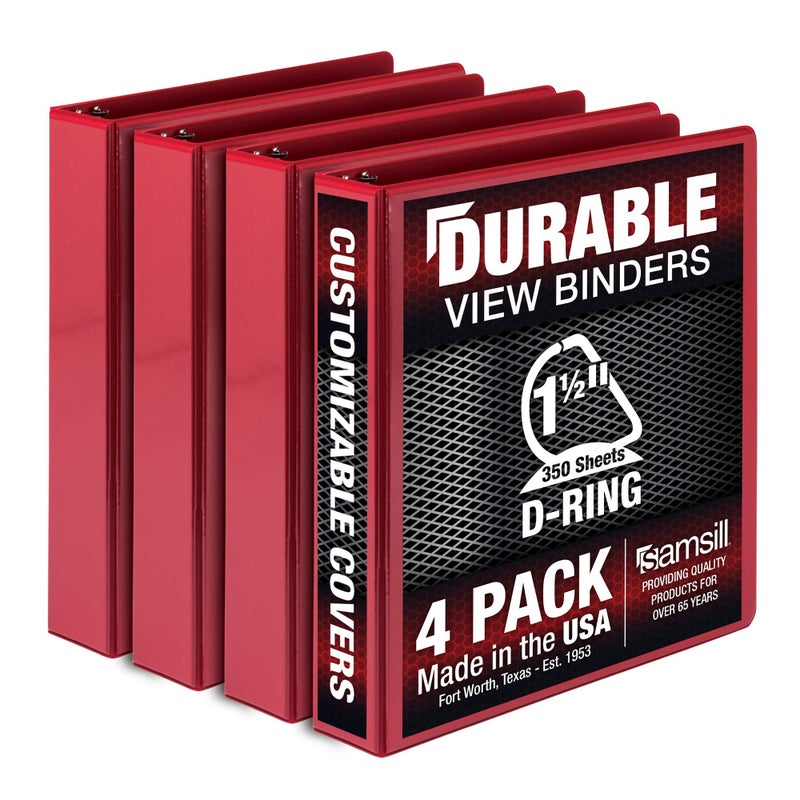 Samsill Durable 15 inch 3 Ring Binder Made in USA D Ring Binder FSC 100 Recycled Chipboard Red 4 Pack