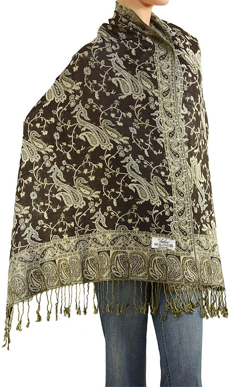 Falari Women's Woven Paisley Pashmina Shawl Wrap Scarf 80" x 27" (Style 1 - Brown) - Image 1