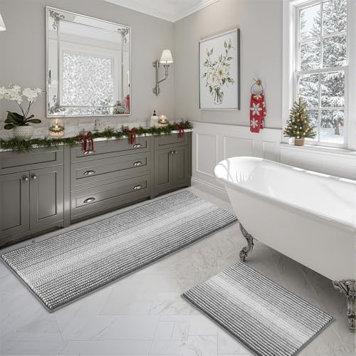 BSICPRO Bathroom Rugs and Mats Sets, 2 Piece Thick Absorbent Chenille Bath Mat Rug Set Non Slip, Soft Shaggy Bath Room Floor Mats for Bathroom, Machine Washable (Gray, 24" x 70" Plus 20" x 32") - Image 1