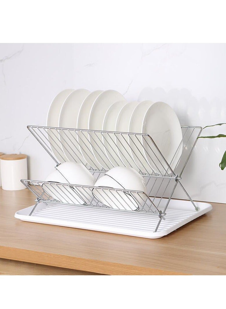 MIXDE 2 Tier Foldable Dish Drying Rack with Drip Tray, Stainless Steel Dish Drainer Rack, Collapsible Dish Drainer, Folding Dish Rack for Kitchen Sink, Countertop, Cutlery, Plates, Dishes - Image 3