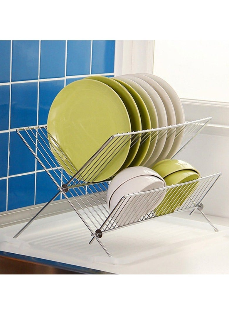 MIXDE 2 Tier Foldable Dish Drying Rack with Drip Tray, Stainless Steel Dish Drainer Rack, Collapsible Dish Drainer, Folding Dish Rack for Kitchen Sink, Countertop, Cutlery, Plates, Dishes - Image 2