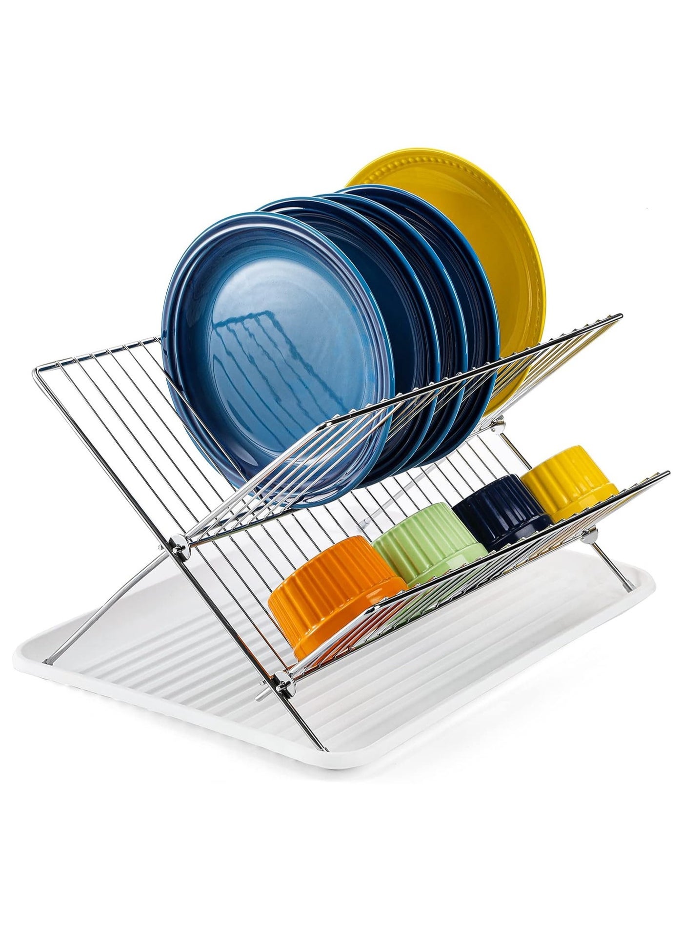 2 Tier Foldable Dish Drying Rack with Drip Tray, Stainless Steel Dish Drainer Rack, Collapsible Dish Drainer, Folding Dish Rack for Kitchen Sink, Countertop, Cutlery, Plates, Dishes