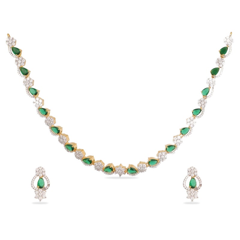 TARINIKA Green and White Cubic Zirconia(CZ) Indian Necklace Set with Earrings, Gold Plated Brass Fashion Indian Jewelry Gift for Women Bollywood Costume Jewellery (Mira Nakshtra CZ) - Image 1