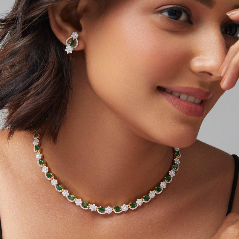 TARINIKA Green and White Cubic Zirconia(CZ) Indian Necklace Set with Earrings, Gold Plated Brass Fashion Indian Jewelry Gift for Women Bollywood Costume Jewellery (Mira Nakshtra CZ) - Image 2