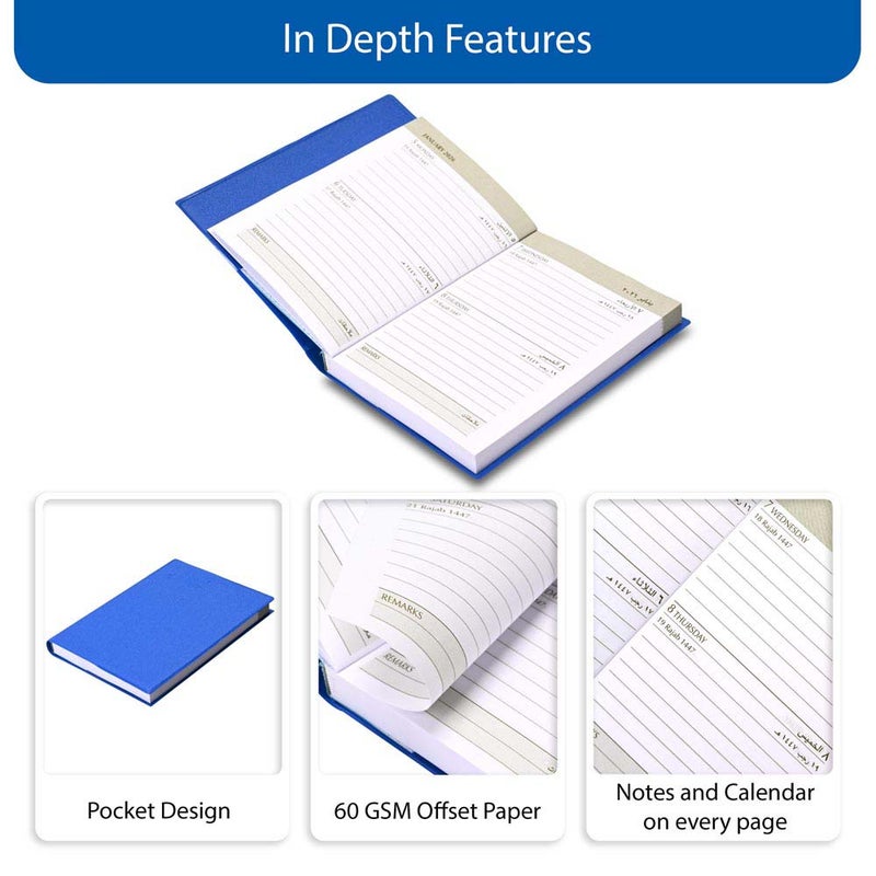 FIS مفكرة جيب FIS 2026، 75x105 مم حجم جيب، غلاف جاكيت PVC ناعم، تنسيق يومين في صفحة، عربي/إنجليزي، ورق أبيض 60 جرام، غلاف أزرق - FSDI09AE26BL - Image 5