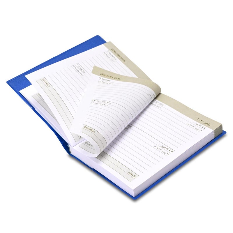 FIS مفكرة جيب FIS 2026، 75x105 مم حجم جيب، غلاف جاكيت PVC ناعم، تنسيق يومين في صفحة، عربي/إنجليزي، ورق أبيض 60 جرام، غلاف أزرق - FSDI09AE26BL - Image 4