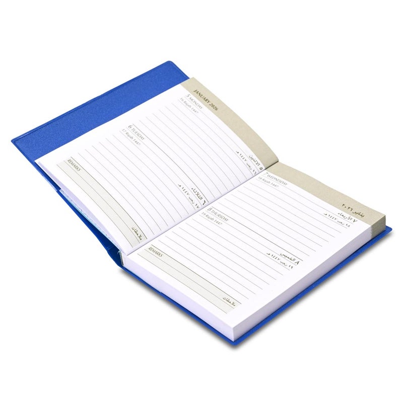 FIS مفكرة جيب FIS 2026، 75x105 مم حجم جيب، غلاف جاكيت PVC ناعم، تنسيق يومين في صفحة، عربي/إنجليزي، ورق أبيض 60 جرام، غلاف أزرق - FSDI09AE26BL - Image 3