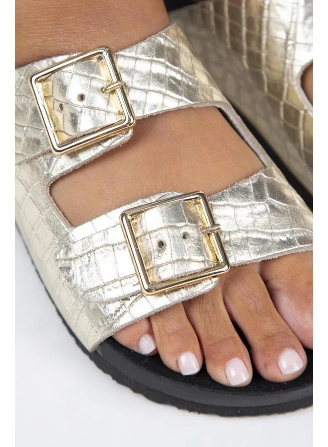 Manijero  Anjelic Croco Women's Genuine Leather Double Buckle Gold Slippers. for Women | Best Price UAE