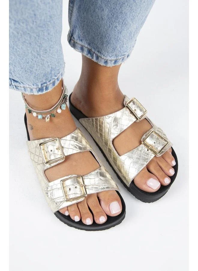 Manijero  Anjelic Croco Women's Genuine Leather Double Buckle Gold Slippers. for Women | Best Price UAE