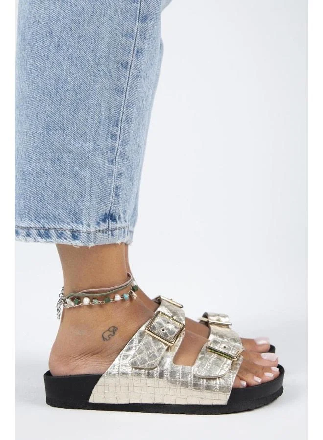 Anjelic Croco Women's Genuine Leather Double Buckle Gold Slippers.