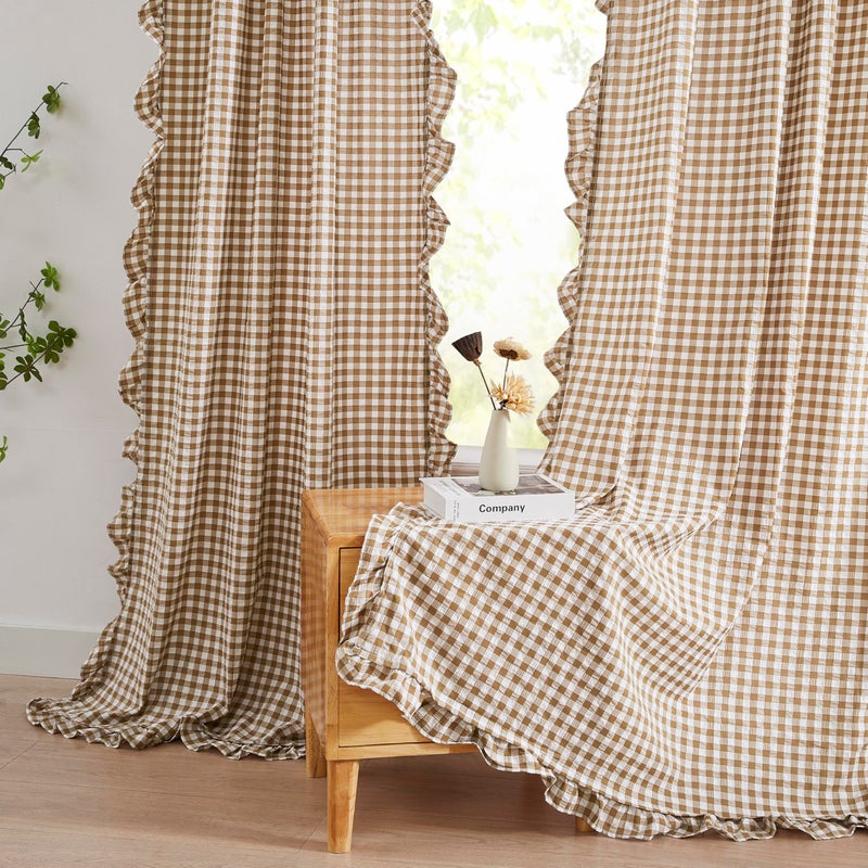 ZJDECOR Short Buffalo Plaid Crinkle Ruffle Curtains 63 Inch,Brown White Neutral Not-See-Through Drapes for Bedroom Living Room,Pretty Cute Farmhouse Window Treatment,Rod Pocket,40" Wx63 Lï¼ˆPack of 2 - Image 1
