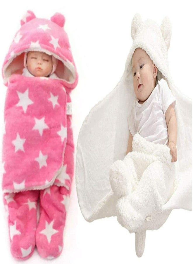 First Kick New Fleece Born Sleeping Bag Combo Pack of Super Soft Wearable Baby Polyester Wrapper Durable Cum Baby Sleeping Bag for Baby Boys Girls (76cm x 70cm, 0-6 Months) Pack of 2 White, Pink Star - Image 1