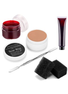 Fake Blood Sfx Makeup Kit Scar Wax(1.6 Oz) with Scab Coagulated Blood Gel, Spatula Tool Cosmetics Mixer，Stipple Sponge, Professional Halloween Fake Wound Skin Wax for Darker Skin Tone