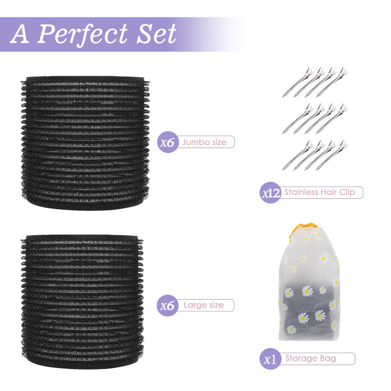 YHOVID 6Pcs 64mm Jumbo Hair Rollers & 6Pcs 55mm Large Hair Rollers, Large Rollers for Long Hair, Women with 12 Hair Clips, Storage Bag -Black - Image 2