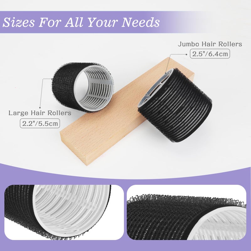 YHOVID 6Pcs 64mm Jumbo Hair Rollers & 6Pcs 55mm Large Hair Rollers, Large Rollers for Long Hair, Women with 12 Hair Clips, Storage Bag -Black - Image 3