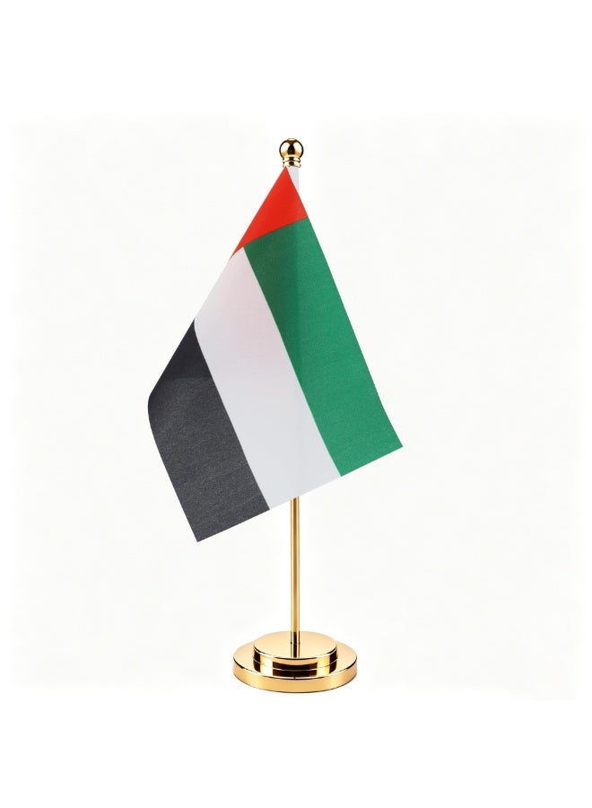 SODANEED United Arab Emirates Table Flag, UAE Office Desk Flag with Metal Stainless Steel pole & Suede Base, Perfect for Office desk, Home Decor, Conferences & Saudi National Day Celebrations (GOLD BASE) - Image 1