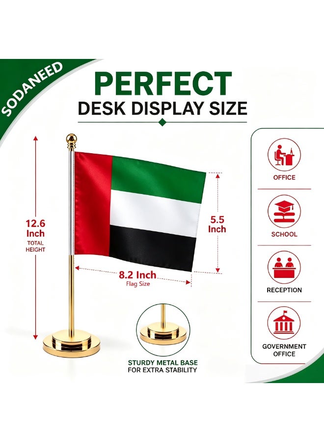 SODANEED United Arab Emirates Table Flag, UAE Office Desk Flag with Metal Stainless Steel pole & Suede Base, Perfect for Office desk, Home Decor, Conferences & Saudi National Day Celebrations (GOLD BASE) - Image 2