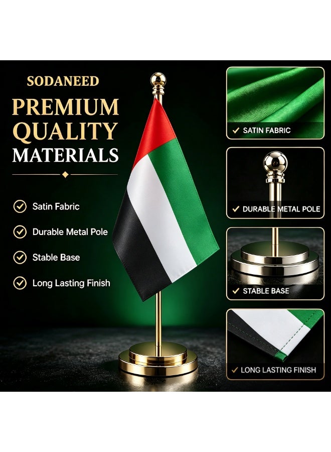 SODANEED United Arab Emirates Table Flag, UAE Office Desk Flag with Metal Stainless Steel pole & Suede Base, Perfect for Office desk, Home Decor, Conferences & Saudi National Day Celebrations (GOLD BASE) - Image 4