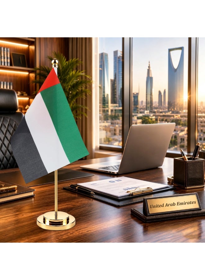SODANEED United Arab Emirates Table Flag, UAE Office Desk Flag with Metal Stainless Steel pole & Suede Base, Perfect for Office desk, Home Decor, Conferences & Saudi National Day Celebrations (GOLD BASE) - Image 3
