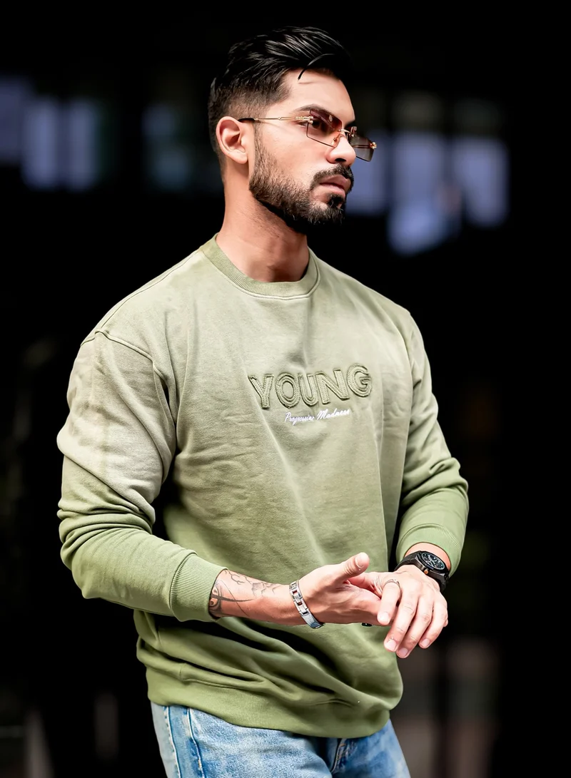 Maniac Maniac Mens Printed Acid Wash Round Neck Full Sleeve Hunter Green Oversized Sweatshirt