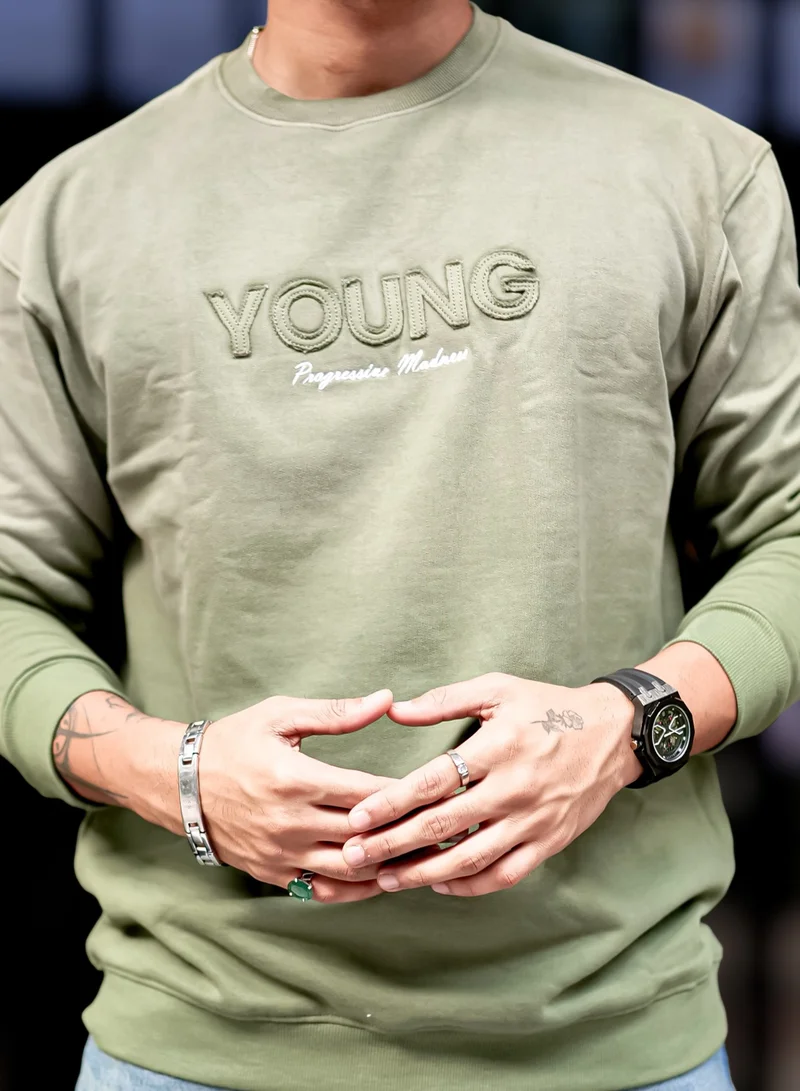 Maniac Maniac Mens Printed Acid Wash Round Neck Full Sleeve Hunter Green Oversized Sweatshirt