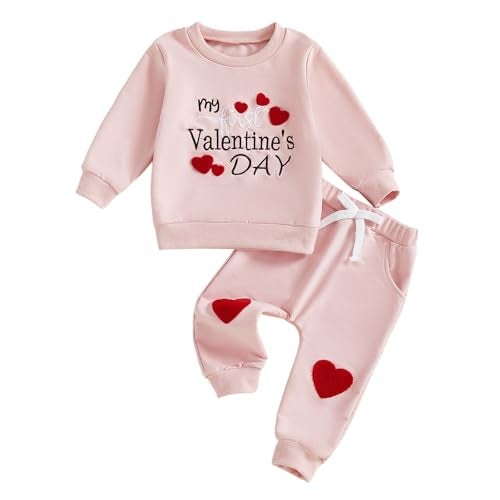 Thorn Tree My First Valentines Day Baby Girl Outfit Long Sleeve Newborn Sweater Pocket Pants Fall Winter Clothes Toddler Outfits (Pink, 6-12 Months) - Image 1